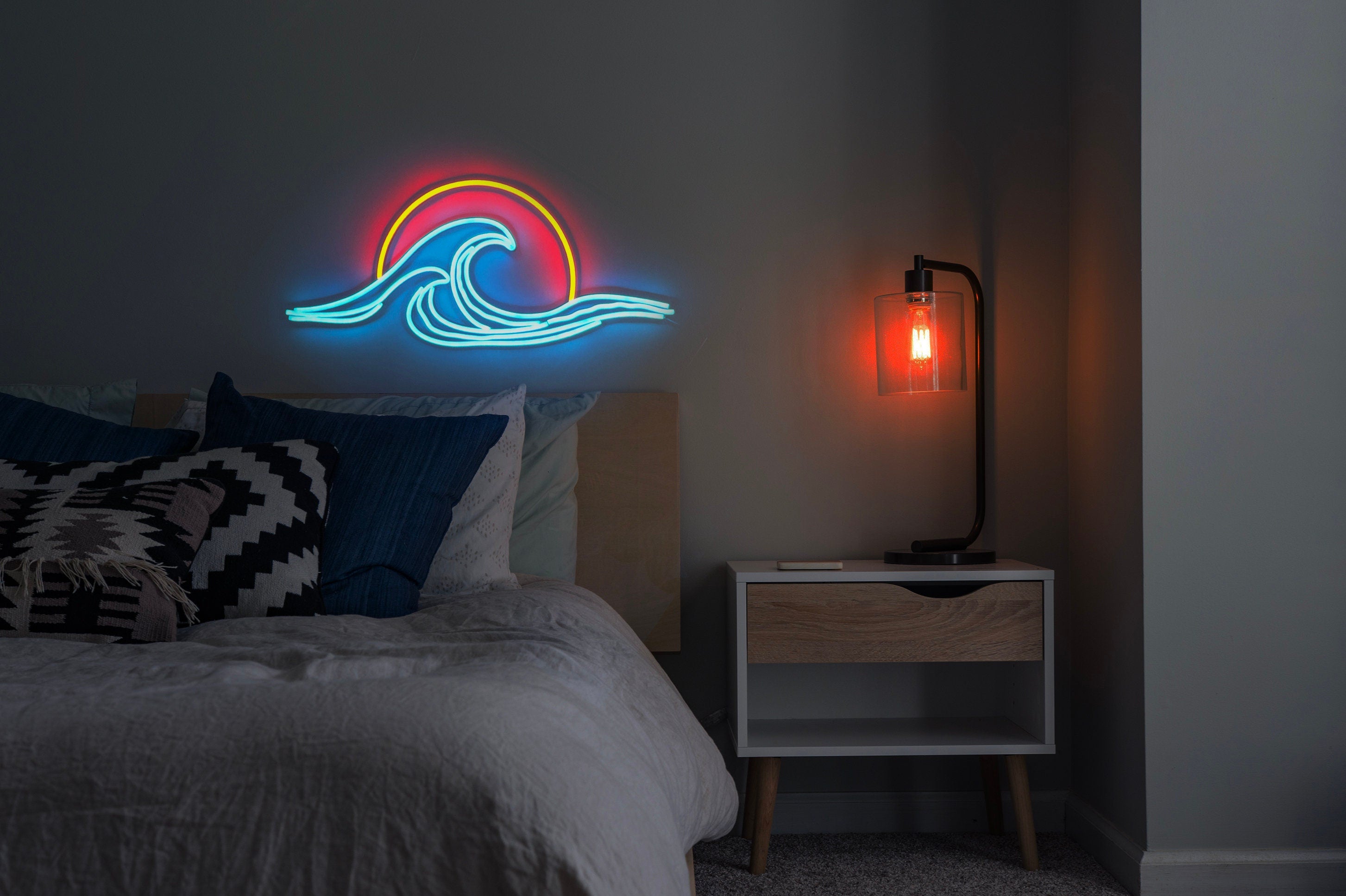 Wave Sunset Neon Wall Art - Ocean Neon Sign, LED Light Decor, Custom Neon Sign, Unique Gift for Him