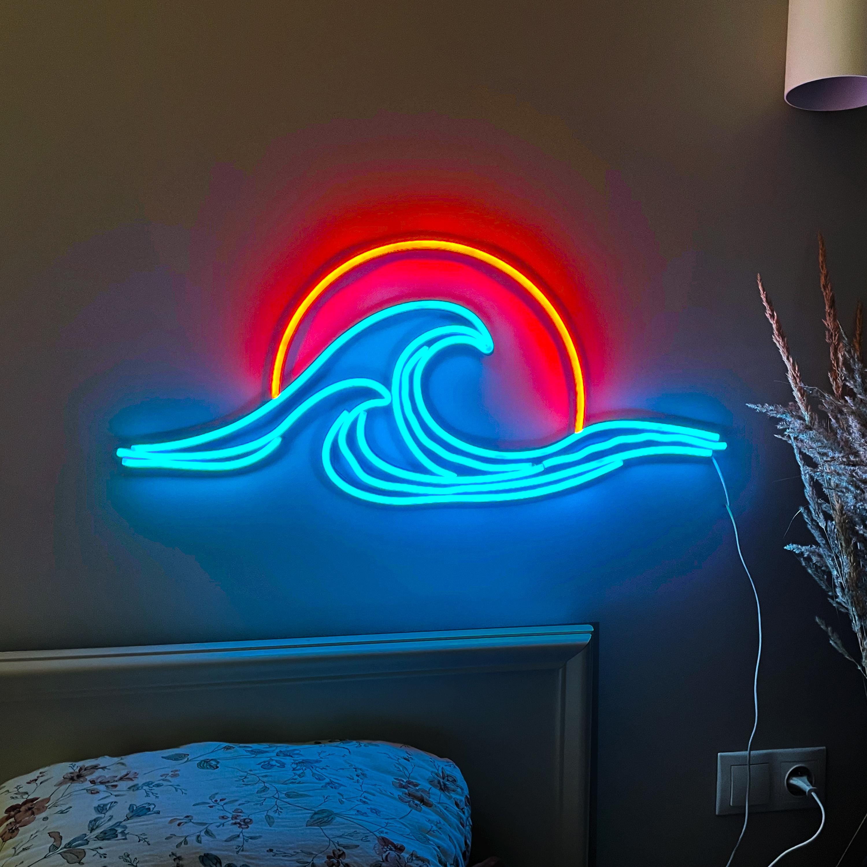 Wave Sunset Neon Wall Art - Ocean Neon Sign, LED Light Decor, Custom Neon Sign, Unique Gift for Him