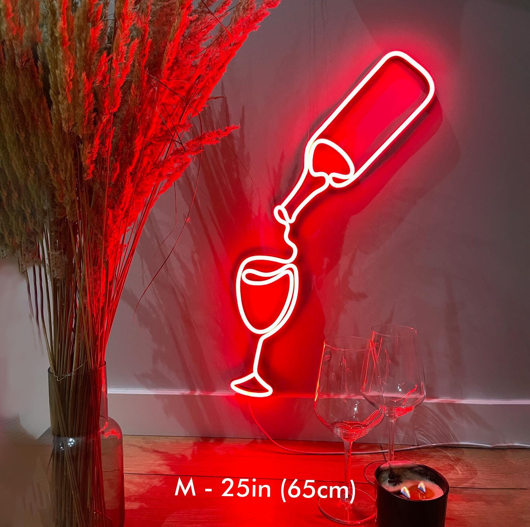 LED Wine Glass Neon Sign - Aesthetic Bar Wall Decor, Wine Lover Gift, Neon Light for Kitchen, Home Bar LED Sign, Winery Decor