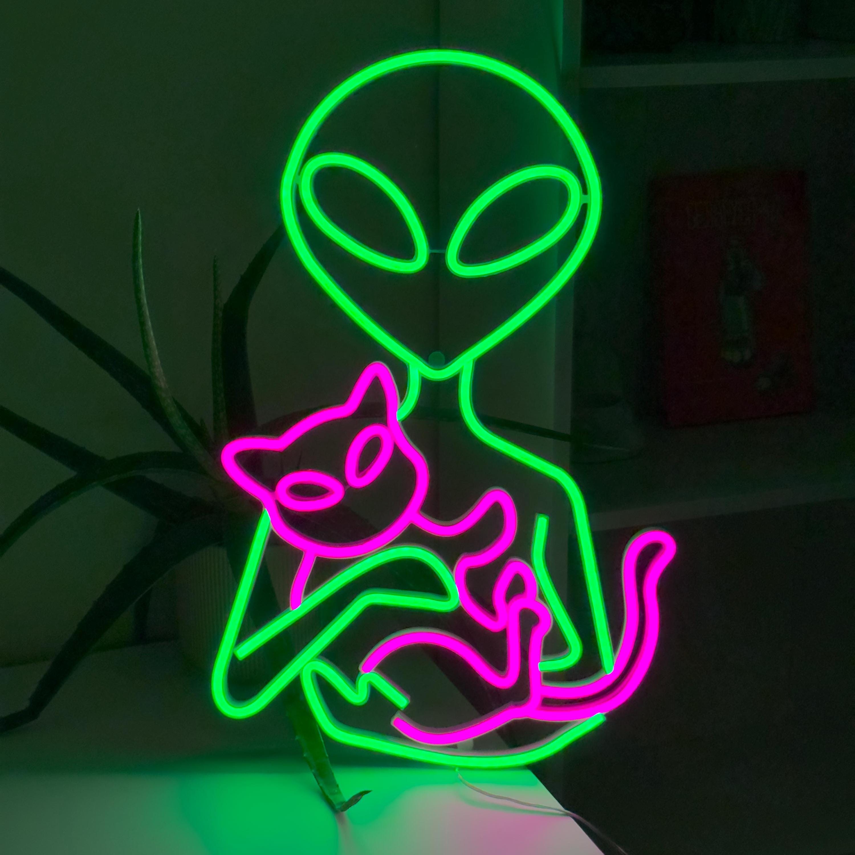 Alien Neon Sign – Dimmable LED Alien Cat Light, Green Neon Sign for Bedroom, Game Room, Man Cave, Party Decor, Gift for Kids & Boys