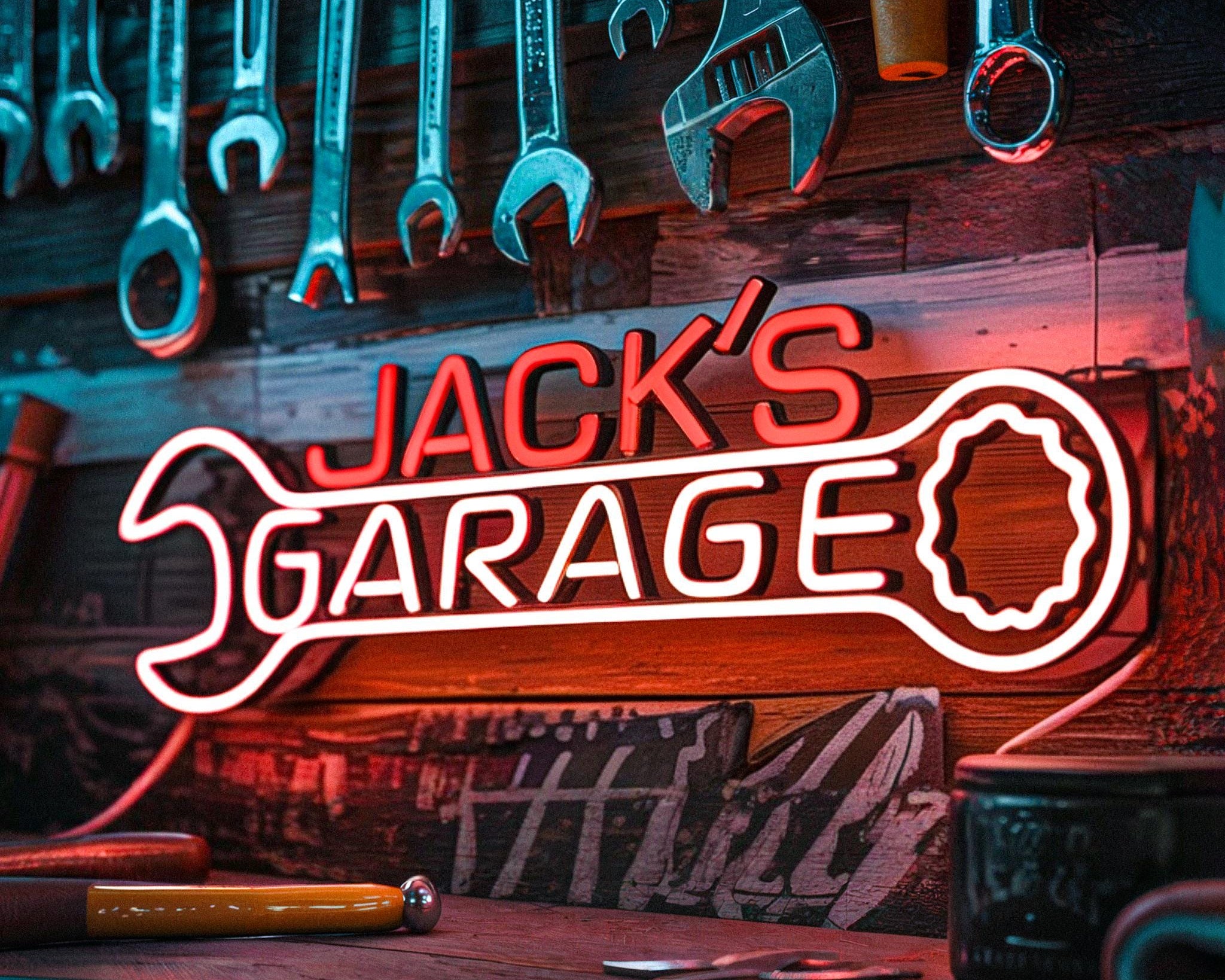 Custom Neon Garage Sign, Personalized Garage Decor, Gift for Him, Man Cave Light, Wrench Garage Neon Sign, Husband Birthday Gift