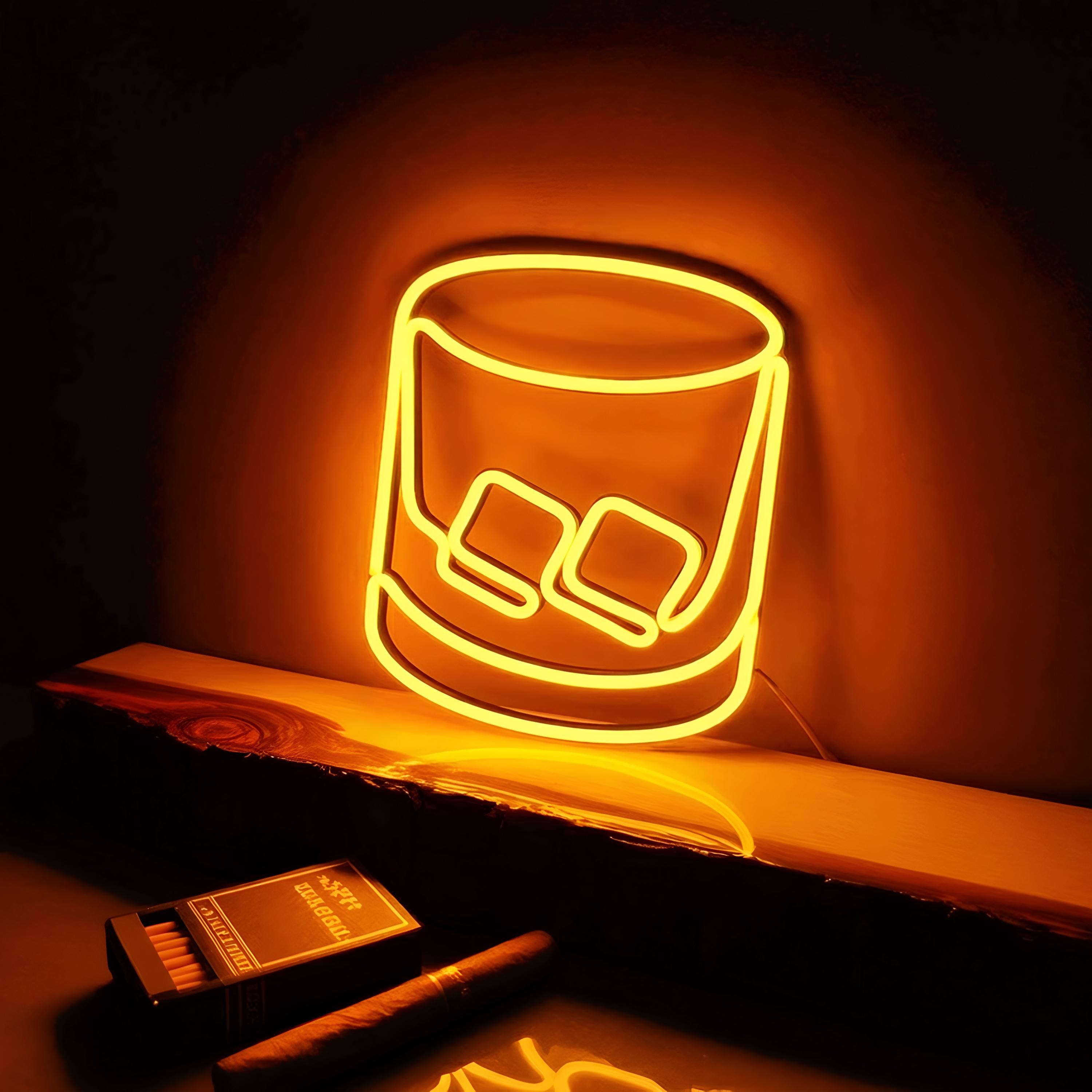 Whiskey Bar Neon Sign – Garage Wall Decor for Men, Man Cave LED Light, Rustic Personalized Whiskey Bottle Gift for Him