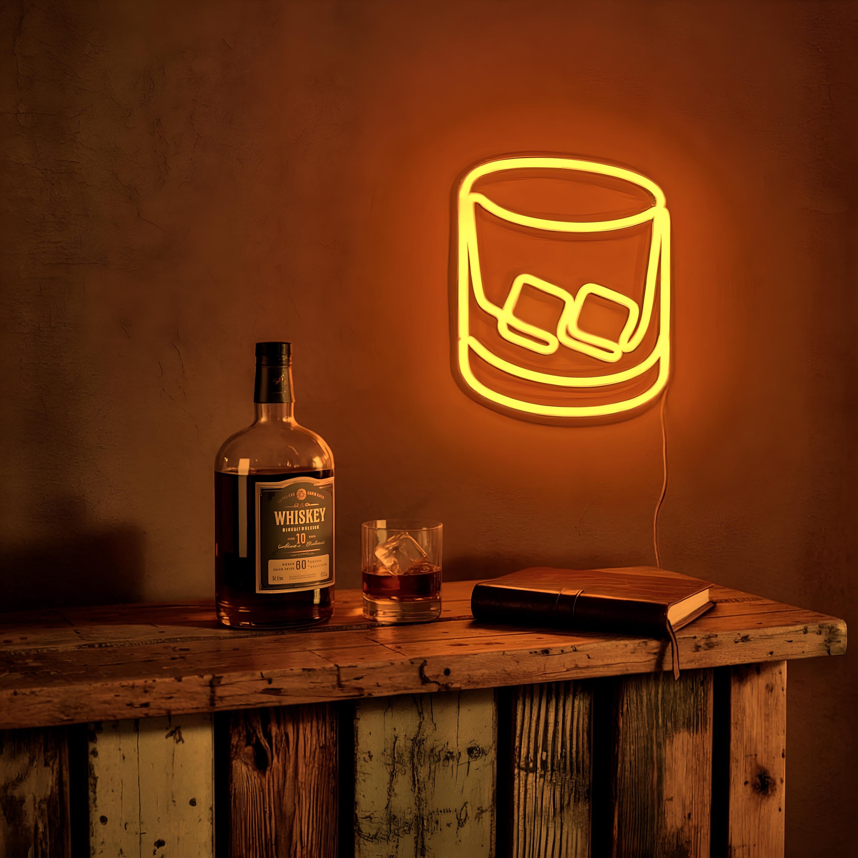 Whiskey Bar Neon Sign – Garage Wall Decor for Men, Man Cave LED Light, Rustic Personalized Whiskey Bottle Gift for Him