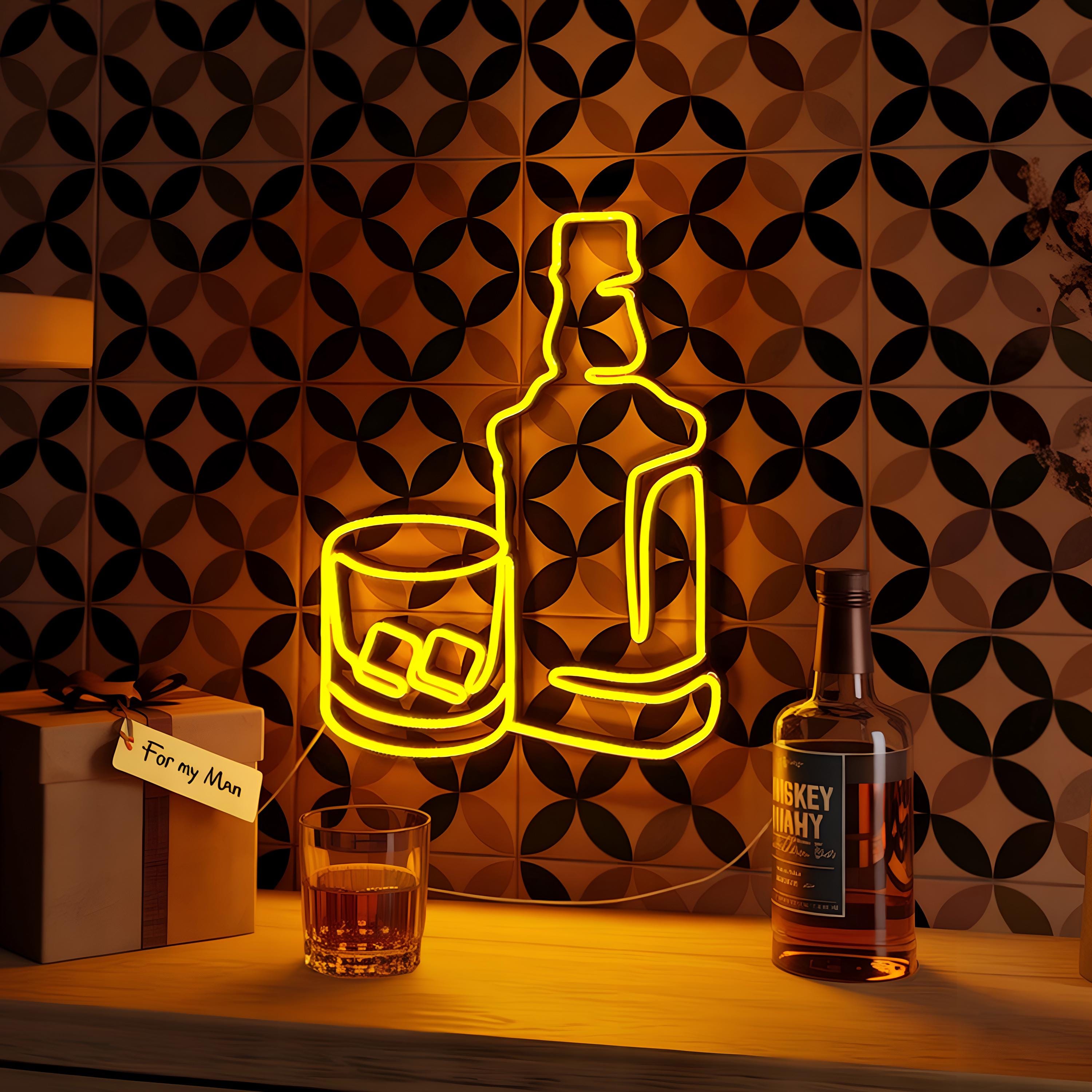 Whiskey Bar Neon Sign – Garage Man Cave Decor, Y2K Retro Light, Rustic Personalized Whiskey Bottle & Glass LED, Gift for Him