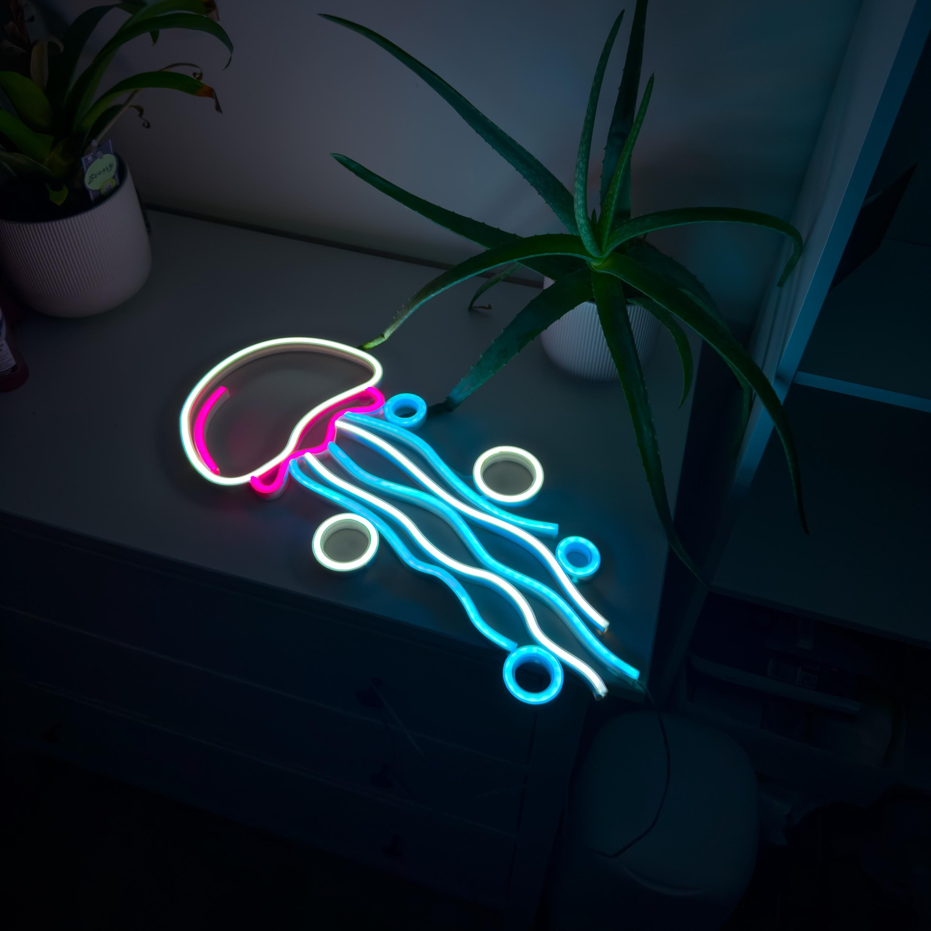 Jellyfish Neon Sign for Bar, Cafe & Game Room – 3D Purple LED Light, Aesthetic Ocean Decor, Eye-Catching Wall Art, Neon sign bedroom