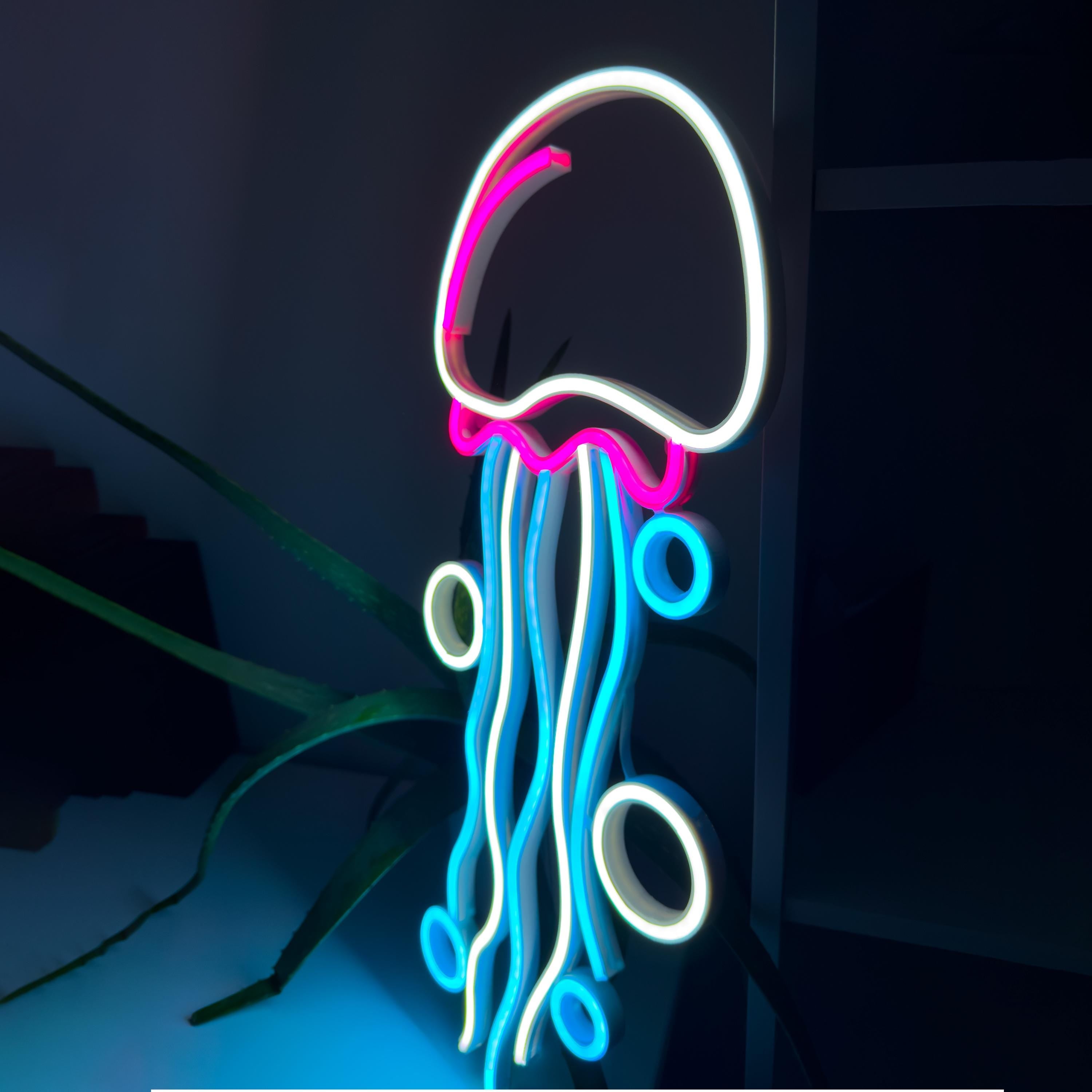 Jellyfish Neon Sign for Bar, Cafe & Game Room – 3D Purple LED Light, Aesthetic Ocean Decor, Eye-Catching Wall Art, Neon sign bedroom