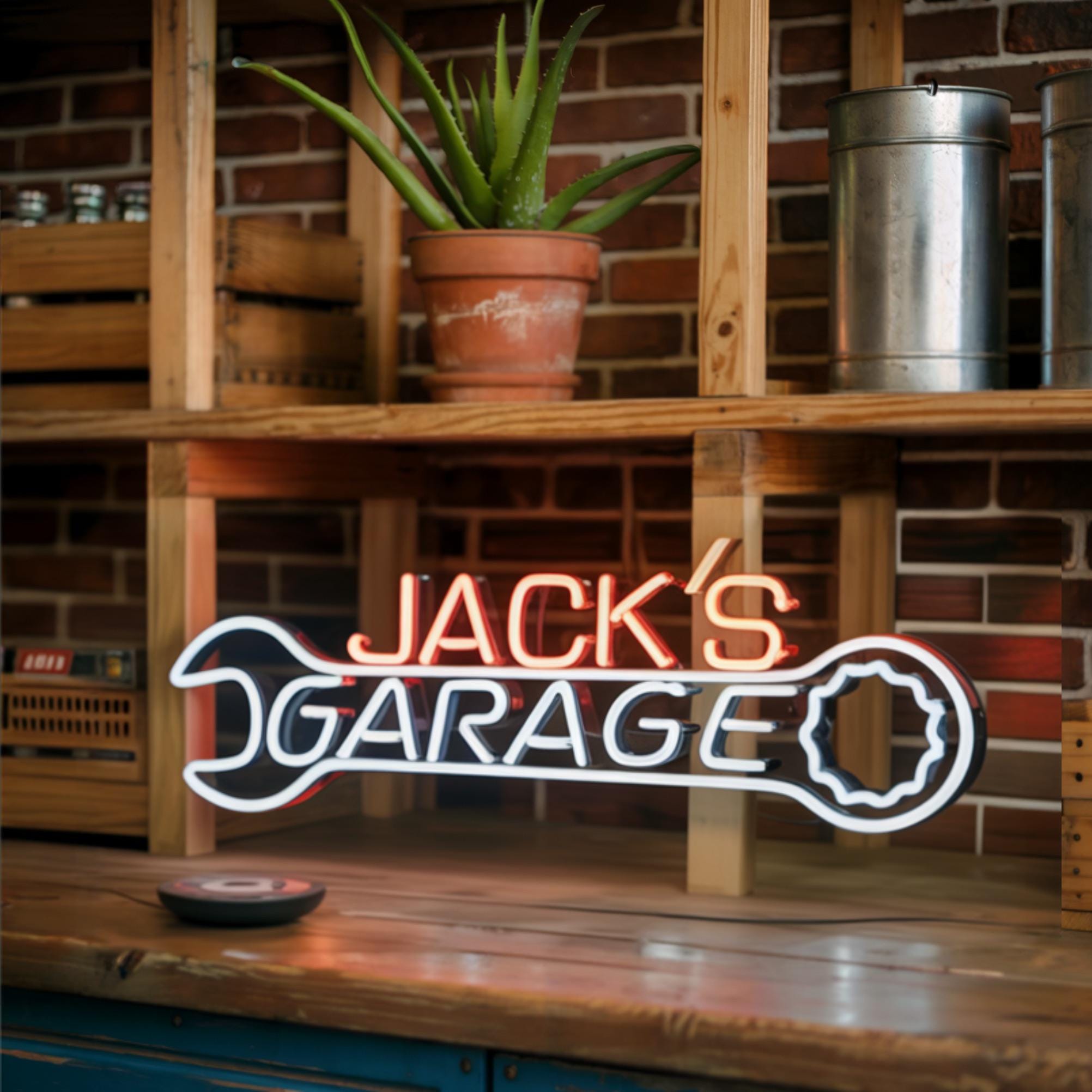 Custom Neon Garage Sign, Personalized Garage Decor, Gift for Him, Man Cave Light, Wrench Garage Neon Sign, Husband Birthday Gift