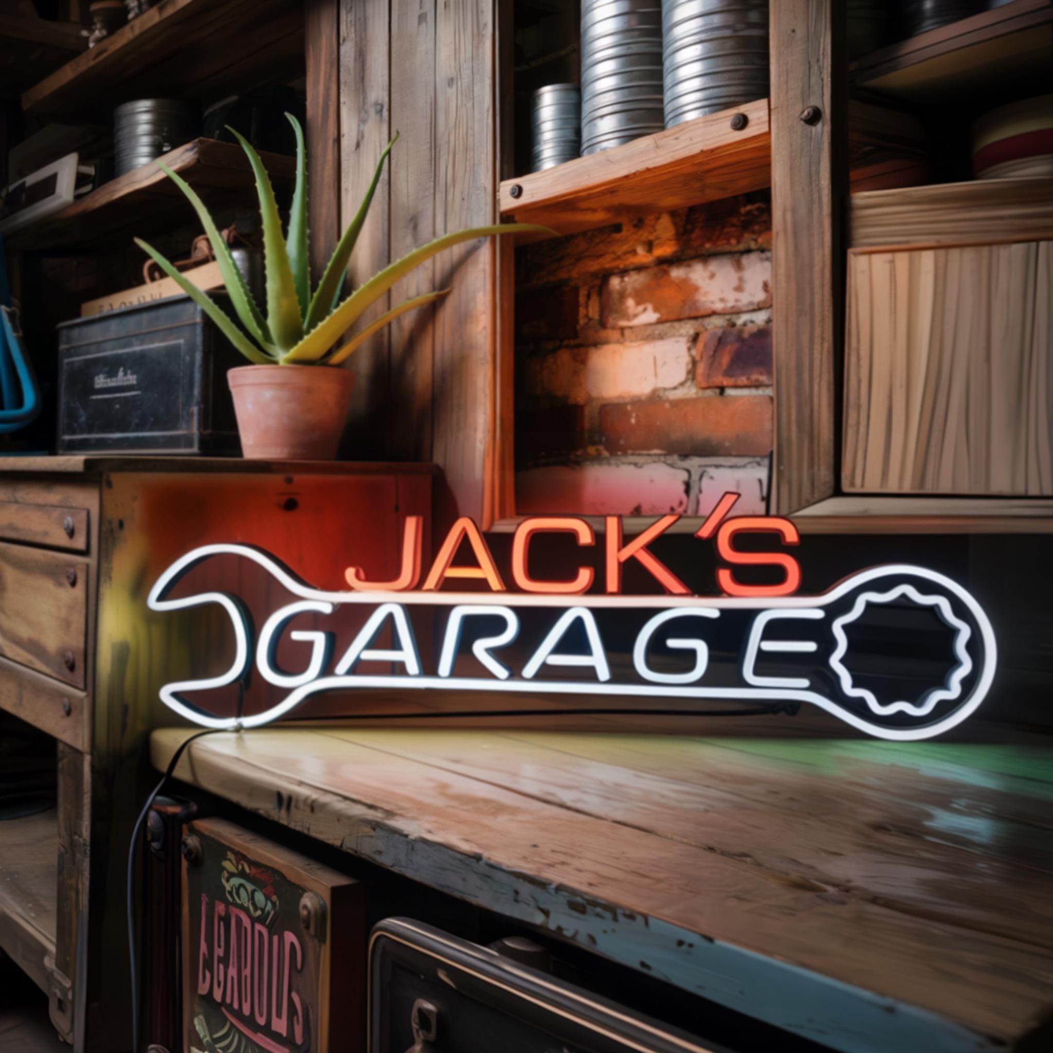 Custom Neon Garage Sign, Personalized Garage Decor, Gift for Him, Man Cave Light, Wrench Garage Neon Sign, Husband Birthday Gift