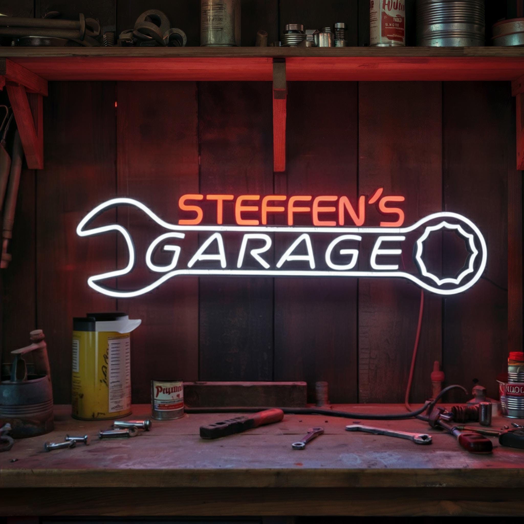 Custom Neon Garage Sign, Personalized Garage Decor, Gift for Him, Man Cave Light, Wrench Garage Neon Sign, Husband Birthday Gift