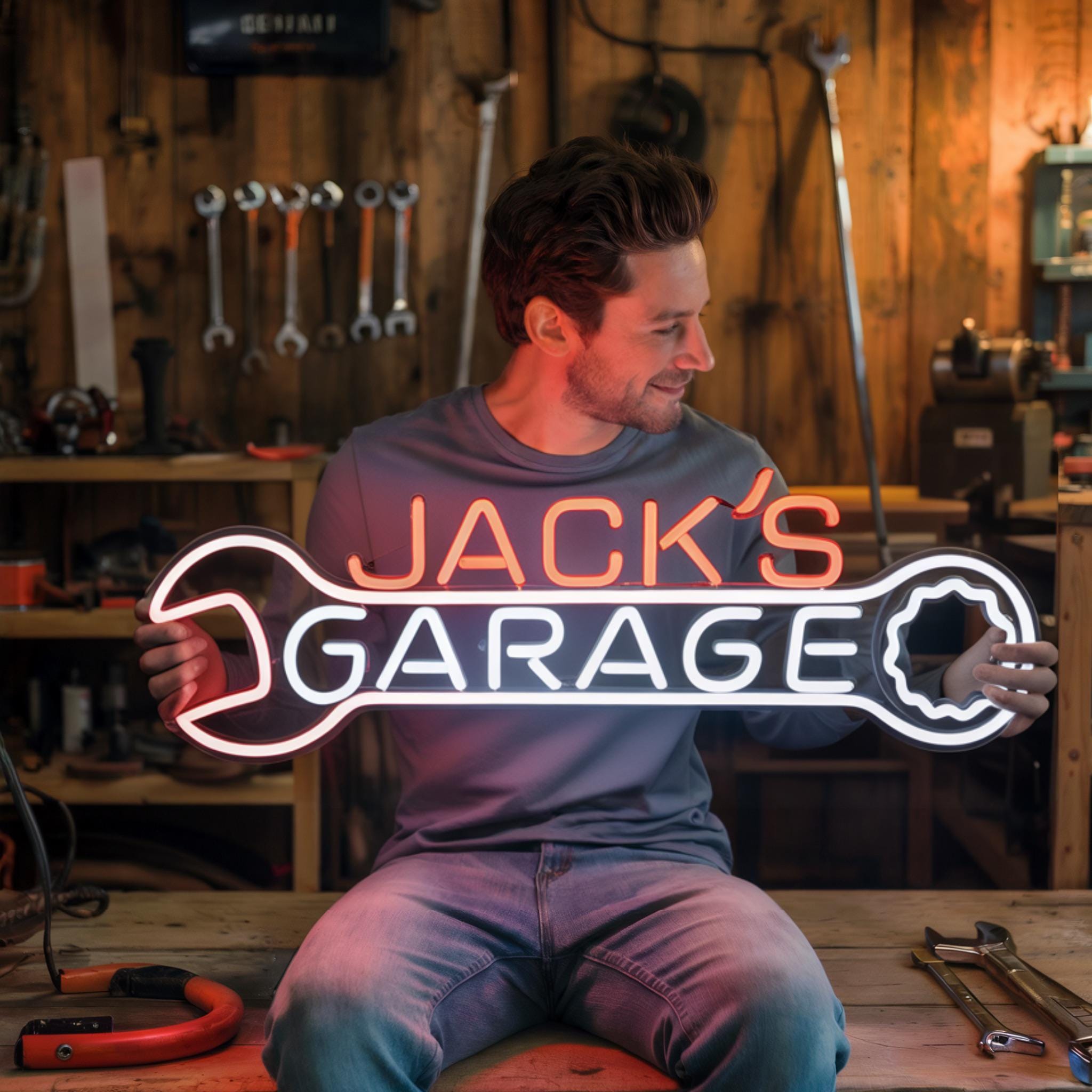 Custom Neon Garage Sign, Personalized Garage Decor, Gift for Him, Man Cave Light, Wrench Garage Neon Sign, Husband Birthday Gift