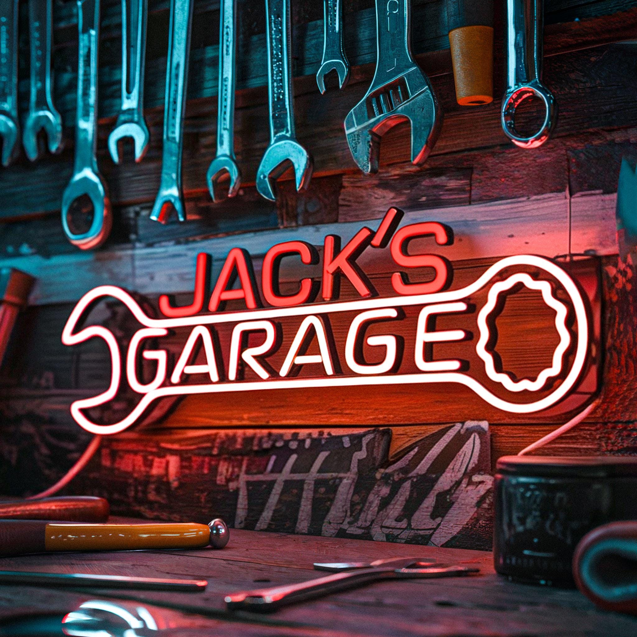 Custom Neon Garage Sign, Personalized Garage Decor, Gift for Him, Man Cave Light, Wrench Garage Neon Sign, Husband Birthday Gift