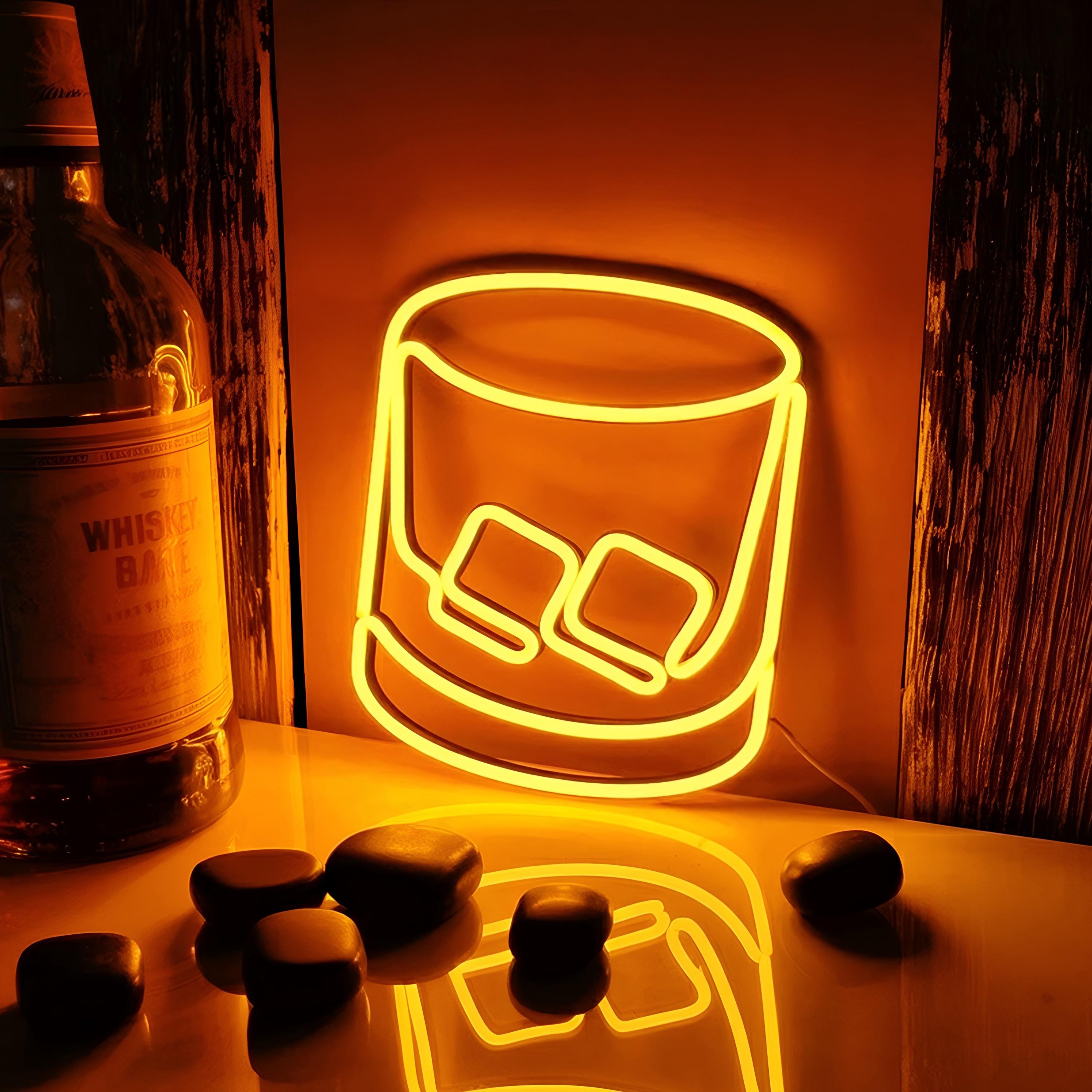 Whiskey Bar Neon Sign – Garage Wall Decor for Men, Man Cave LED Light, Rustic Personalized Whiskey Bottle Gift for Him