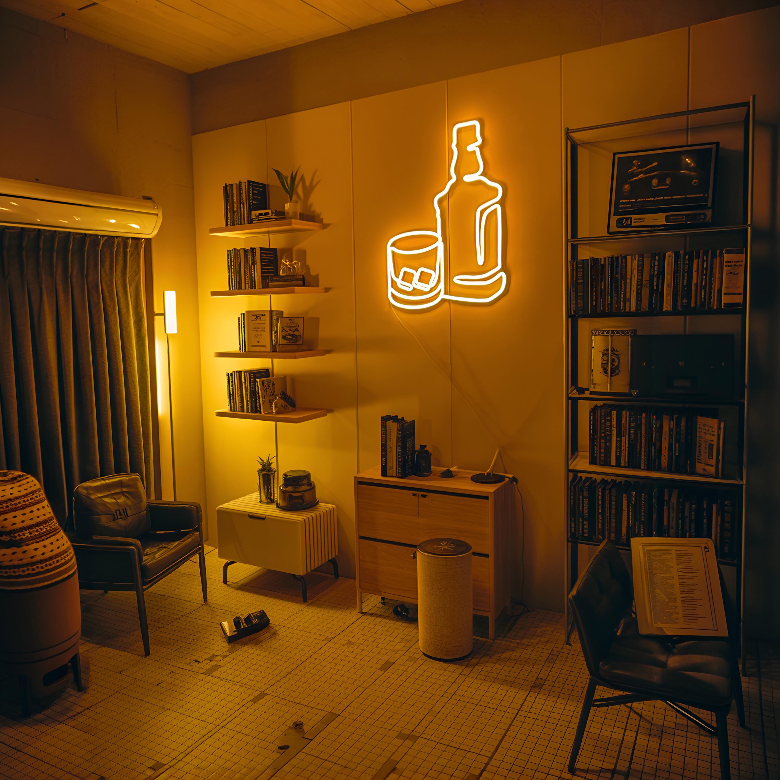 Whiskey Bar Neon Sign – Garage Man Cave Decor, Y2K Retro Light, Rustic Personalized Whiskey Bottle & Glass LED, Gift for Him