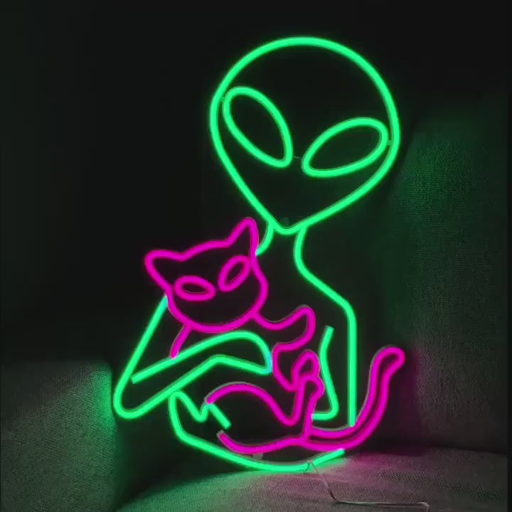 Alien Neon Sign – Dimmable LED Alien Cat Light, Green Neon Sign for Bedroom, Game Room, Man Cave, Party Decor, Gift for Kids & Boys